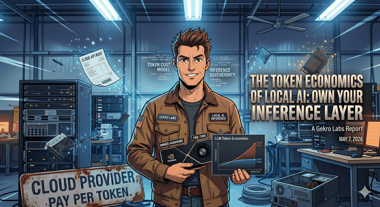 The Token Economics of Local AI - an engineer in a Gekro Labs server room holding a token cartridge against a "Cloud Provider - Pay Per Token" sign